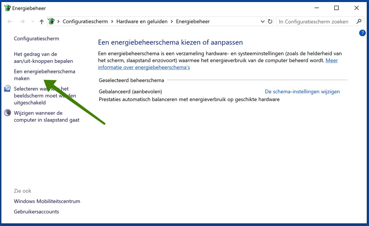 energiebeheer schema maken windows 10