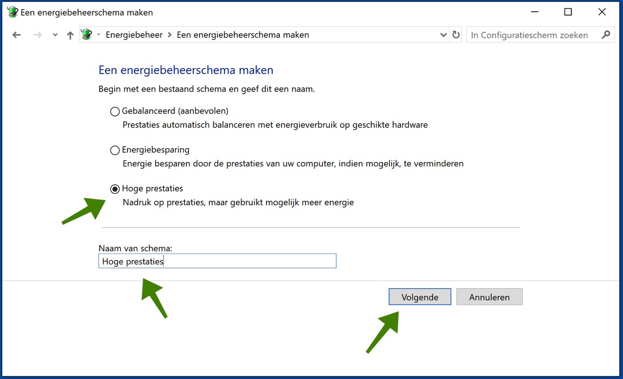 hoge prestaties schema maken windows 10