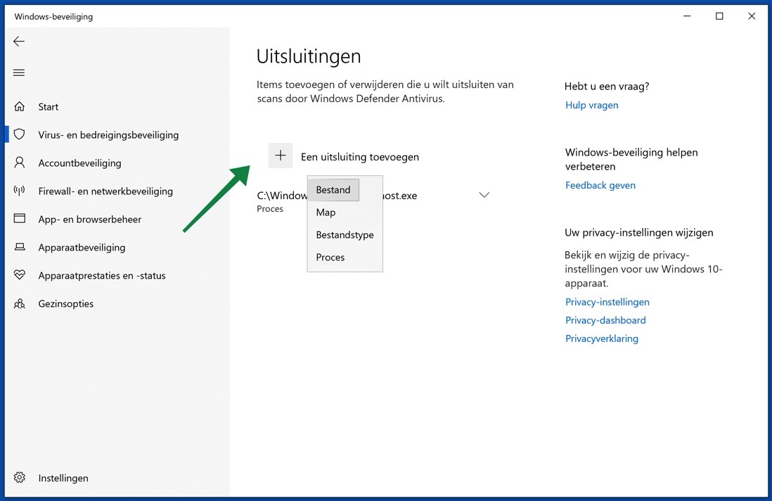 carpeta o archivo excluye el antivirus de Windows Defender