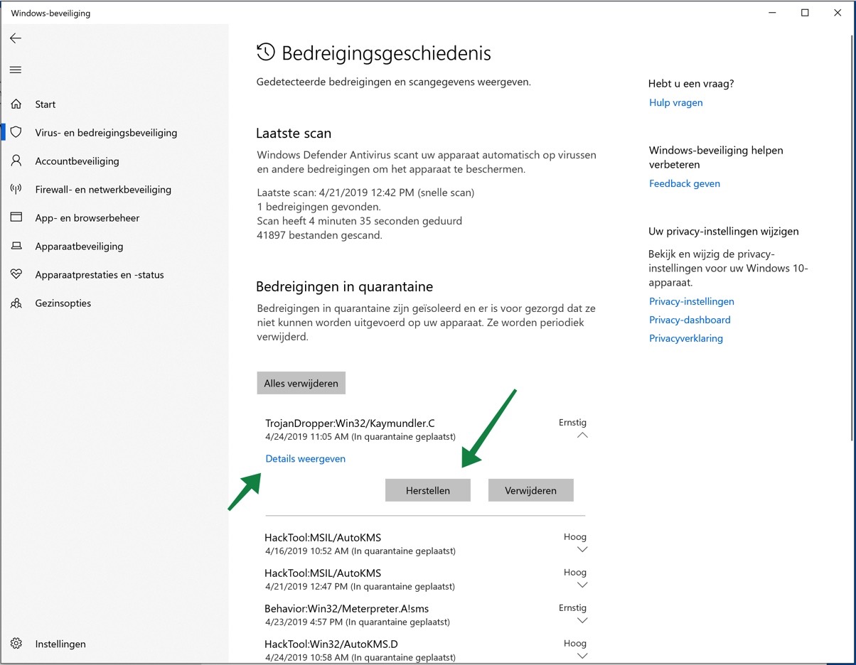 virus verwijderen uit quarantaine windows 10