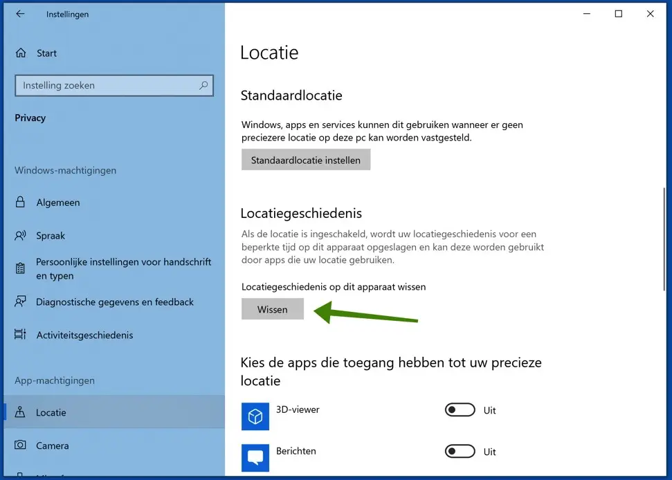 locatie wissen in windows 10