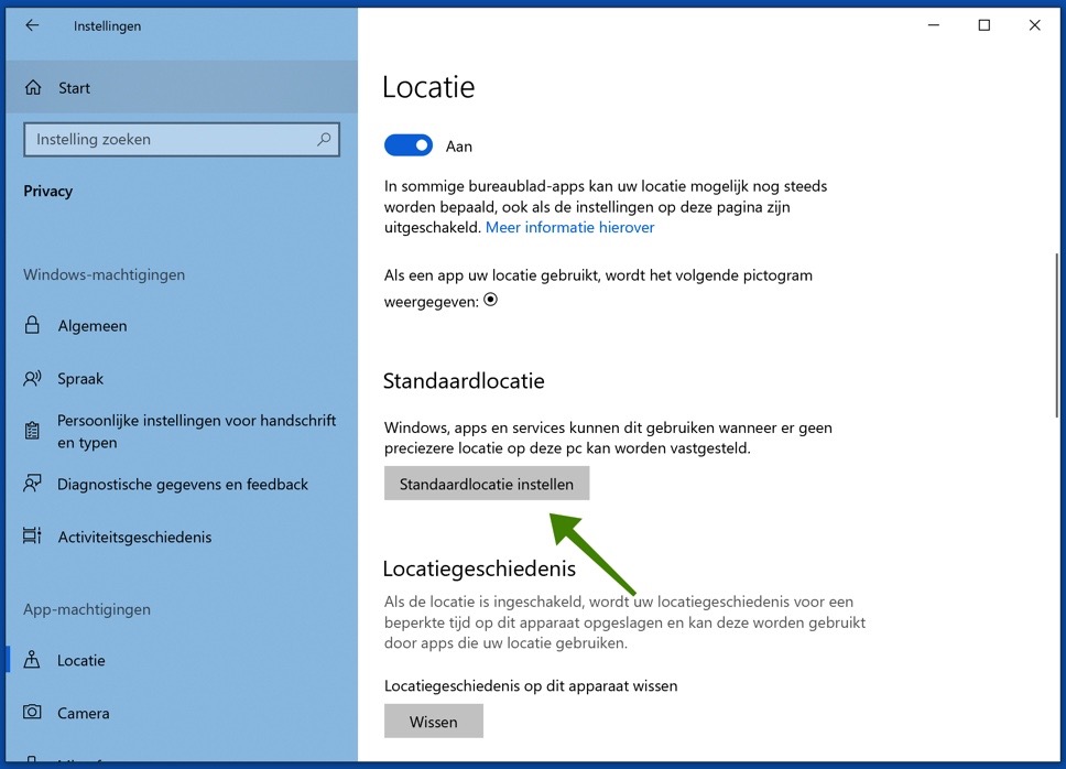 standaard locatie instellen windows 10