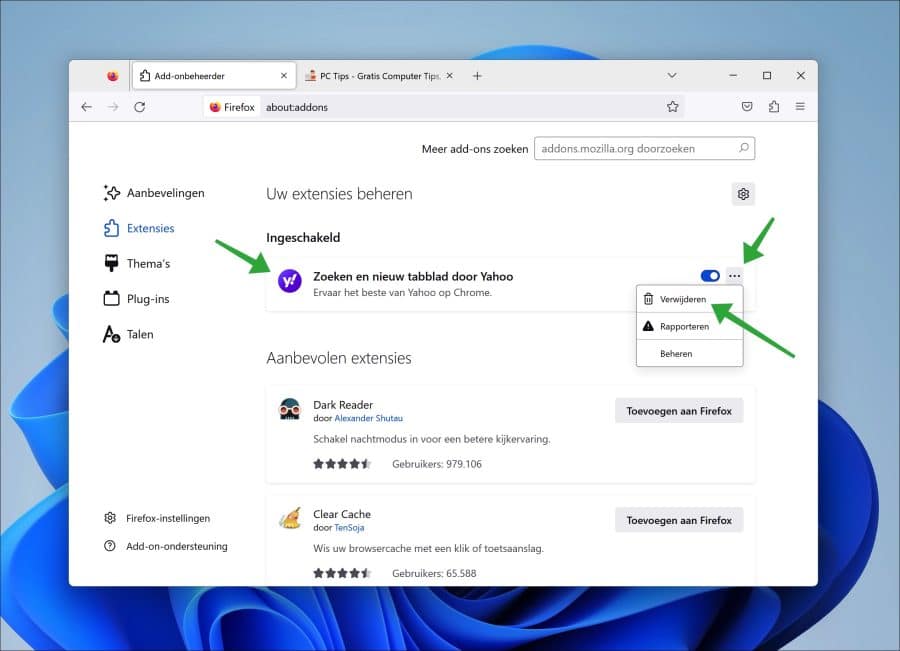 Yahoo addon in firefox verwijderen