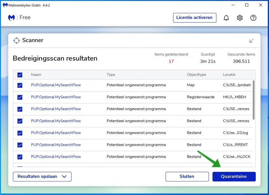 Yahoo adware in quarantine plaatsen