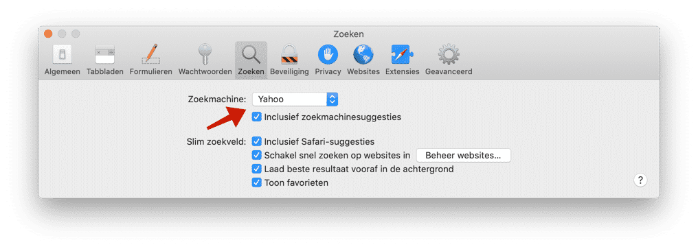 Yahoo zoekmachine wijzigen Safari mac