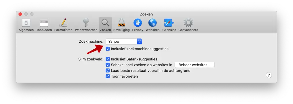 Yahoo zoekmachine wijzigen Safari mac