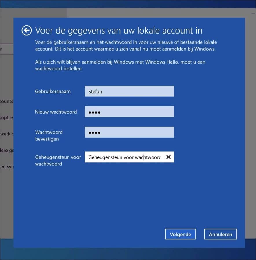 Gegevens voor nieuw lokaal account aanmaken