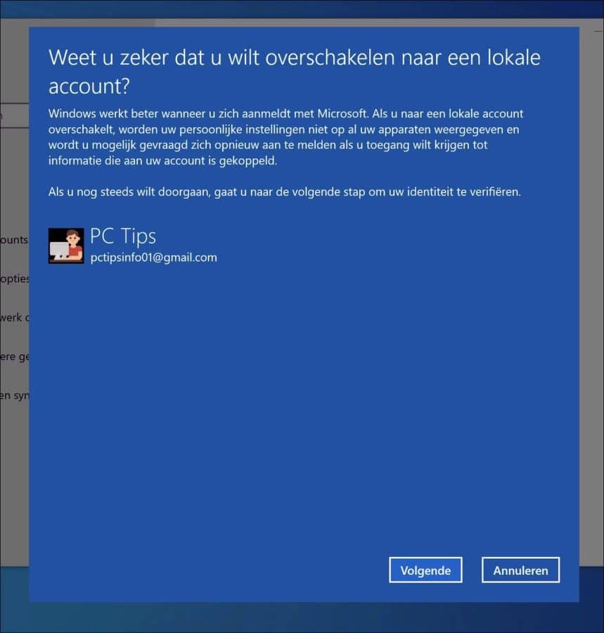 Weet u zeker dat u wilt overschakelen naar een lokale account