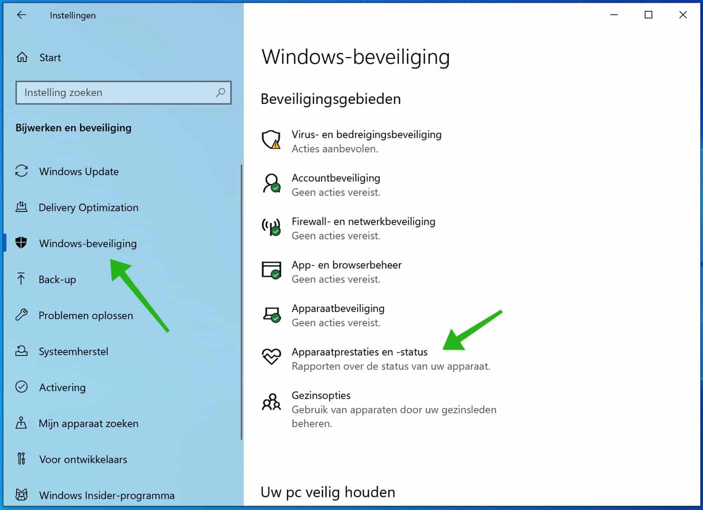 apparaatprestaties en status instellingen windows 10