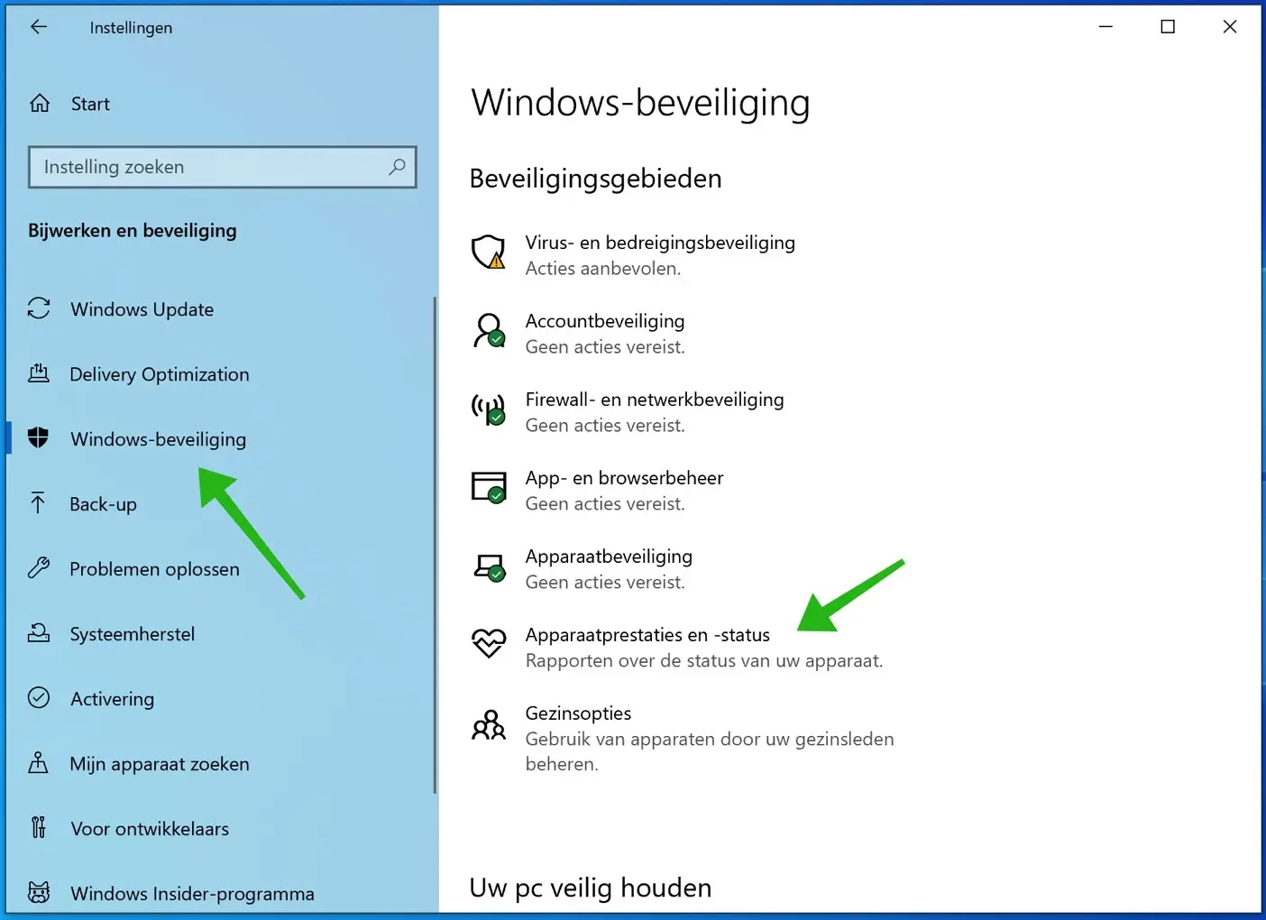 apparaatprestaties en status instellingen windows 10