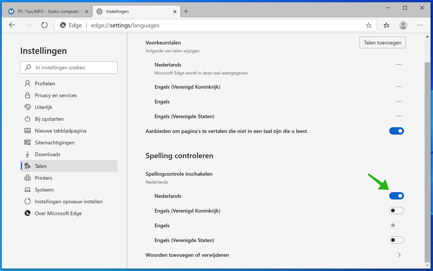 habilitar el corrector ortográfico de Microsoft Chrome Edge