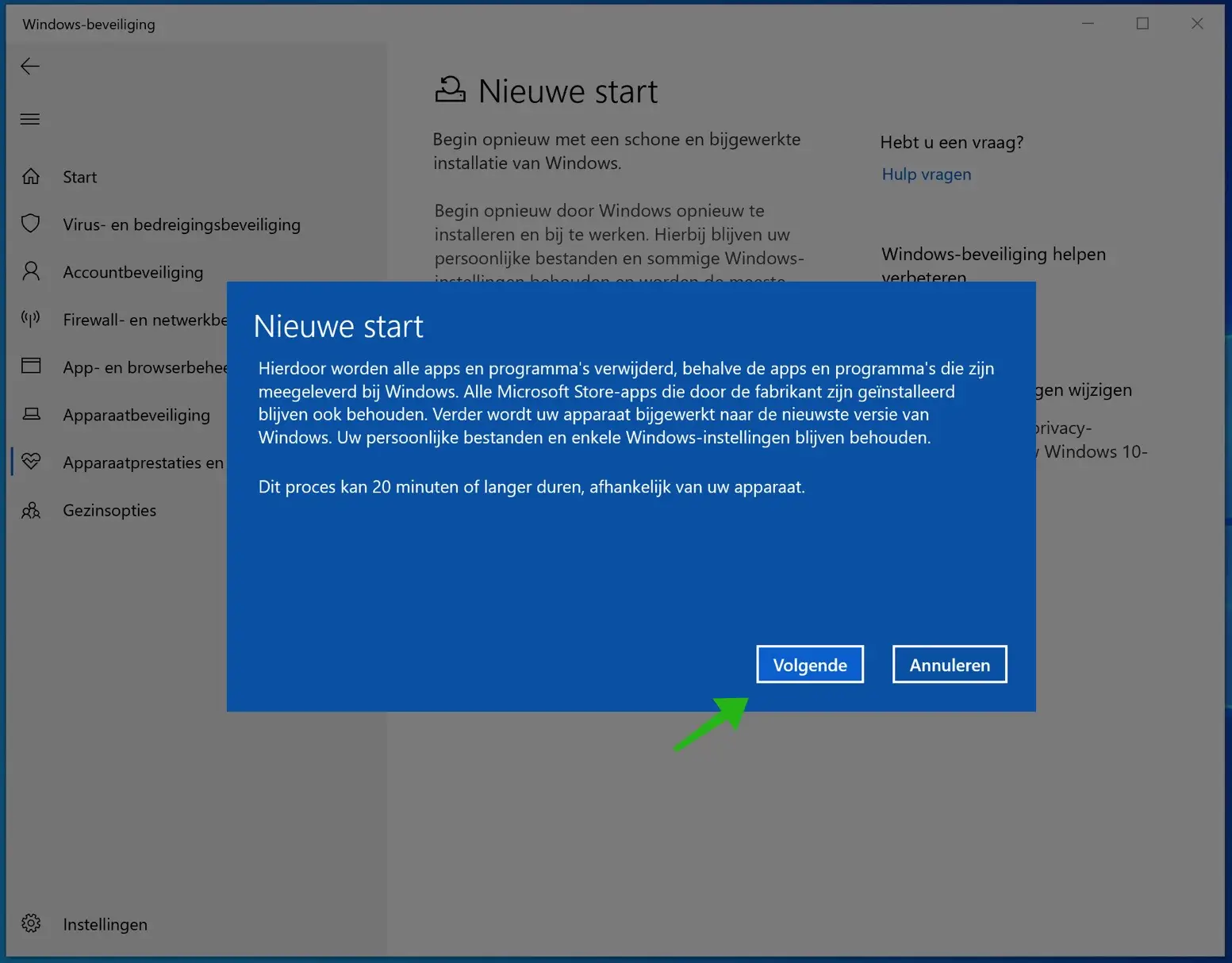 windows 10 nieuwe start informatie