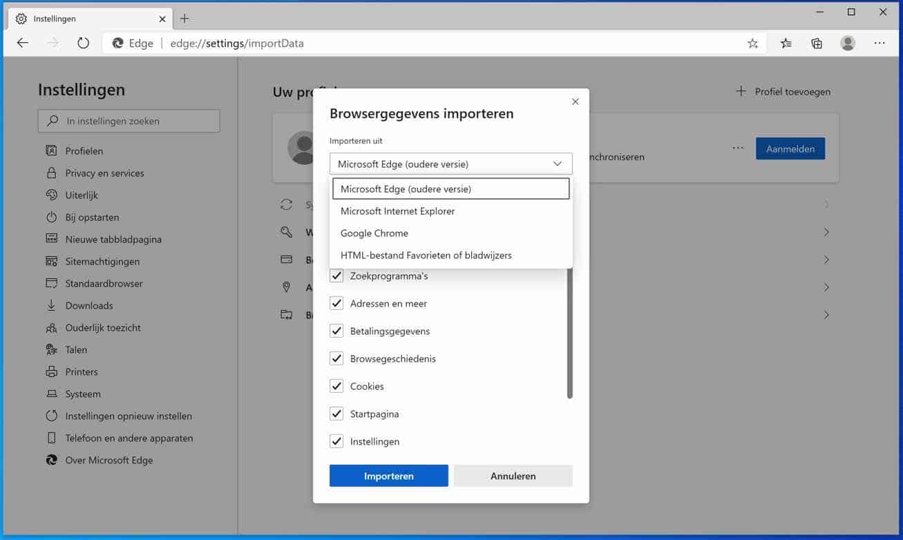 browsergegevens importeren edge