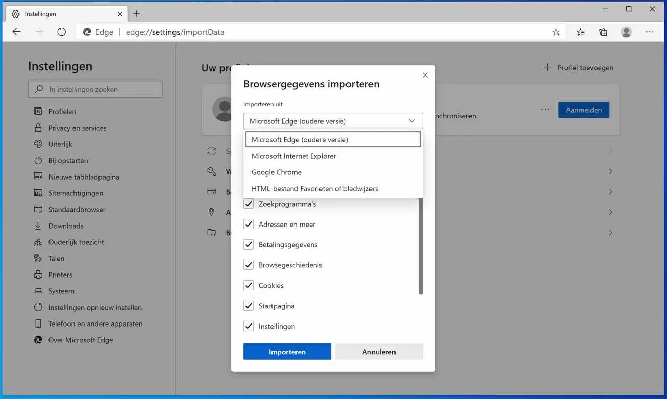 browsergegevens importeren edge