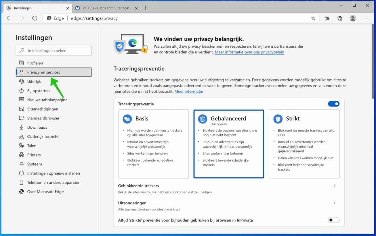 privacy en services instellingen chromium edge