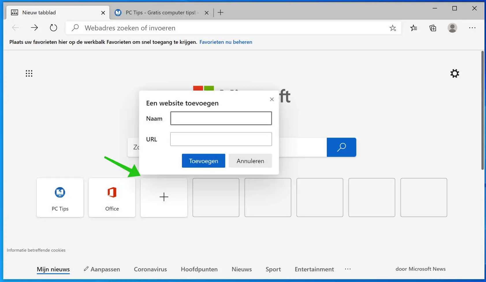 website toevoegen startpagina chromium edge