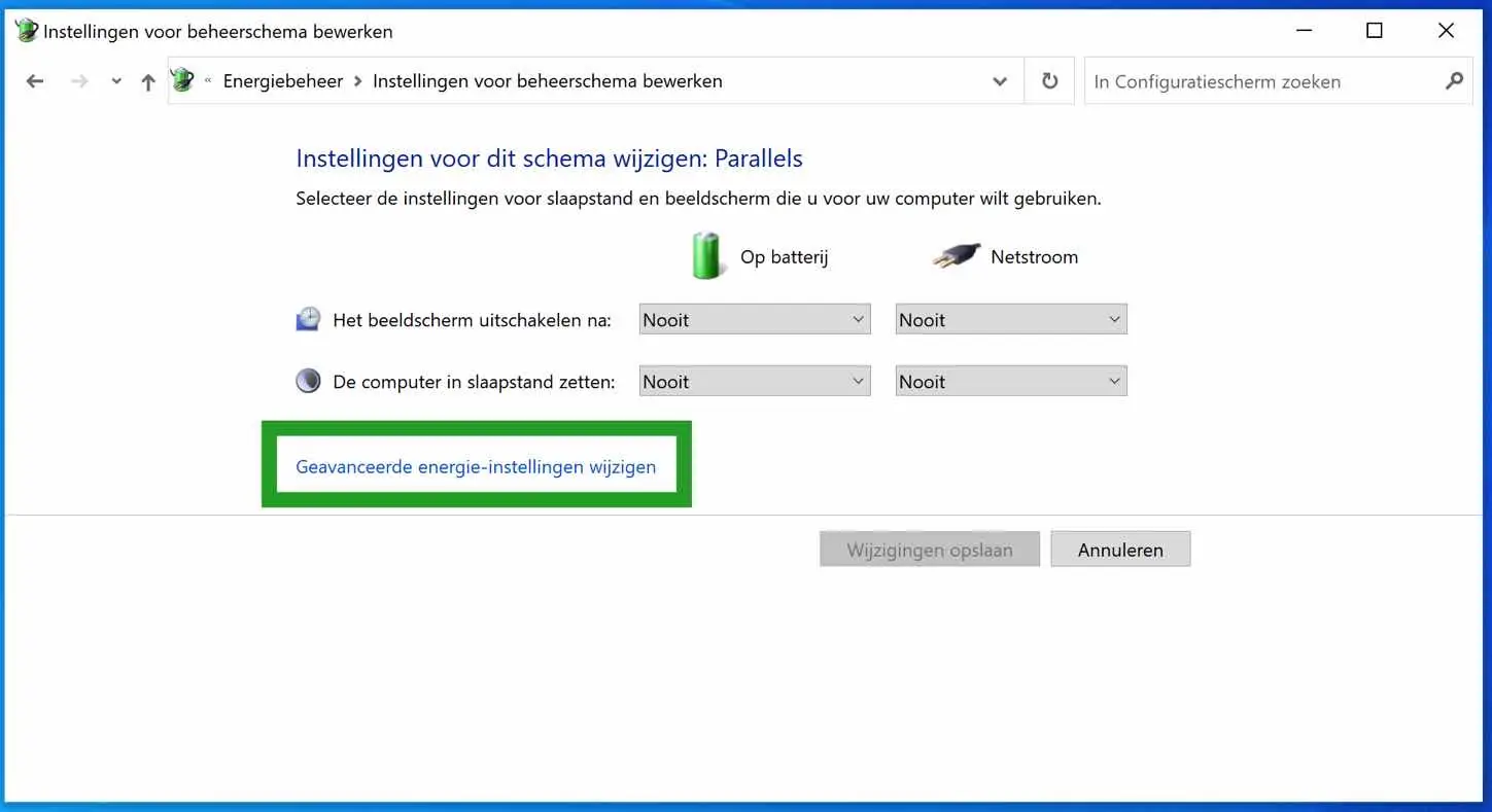 Geavanceerde energie-instellingen wijzigen