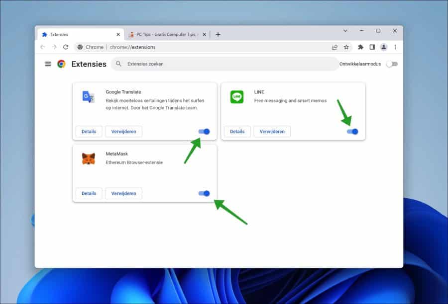 Google Chrome extensies uitschakelen