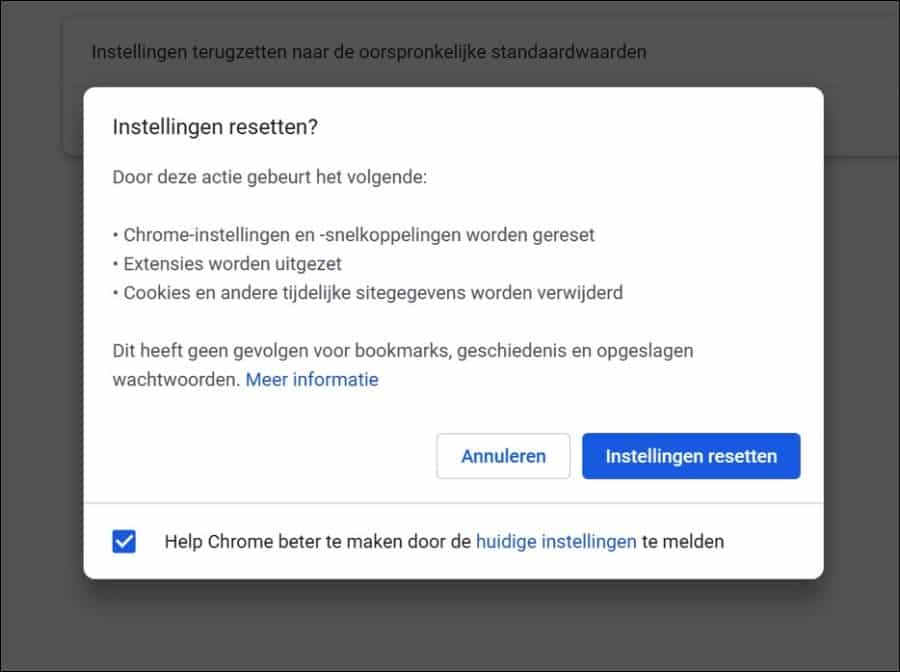 Google Chrome instellingen resetten