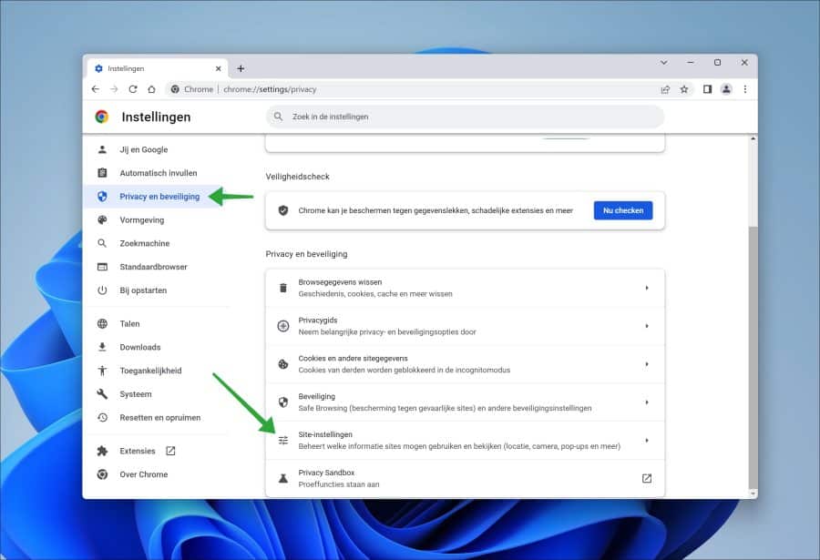 Site instellingen openen in Google Chrome