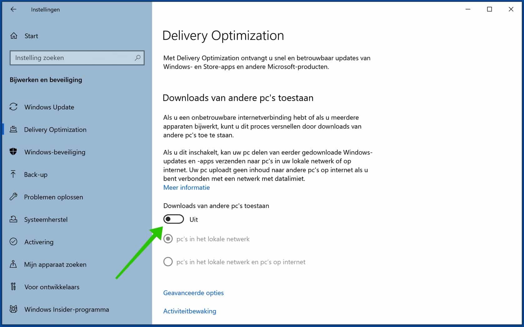 downloads van andere pcs toestaan uitschakelen