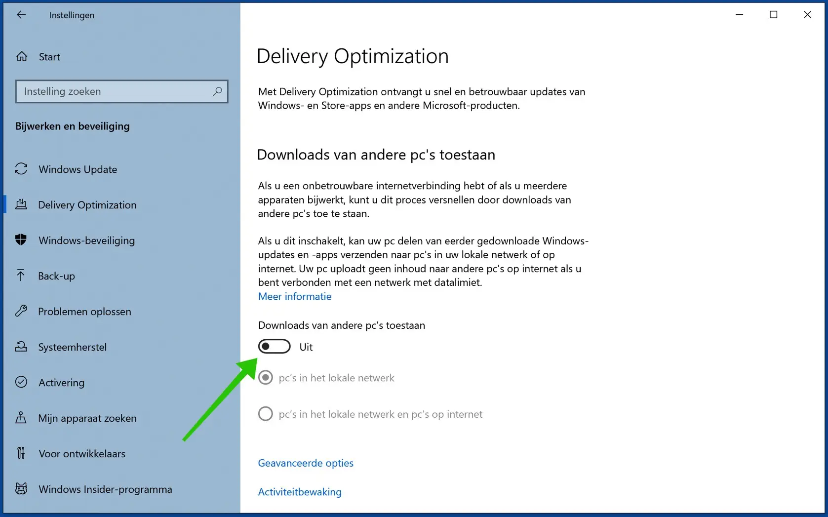 downloads van andere pcs toestaan uitschakelen
