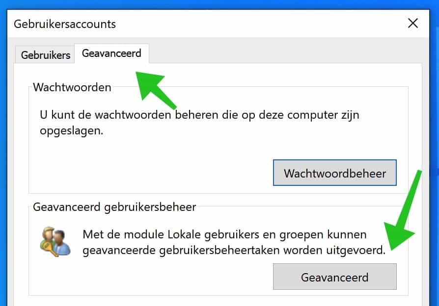 Erweiterte Benutzerverwaltung Windows 10