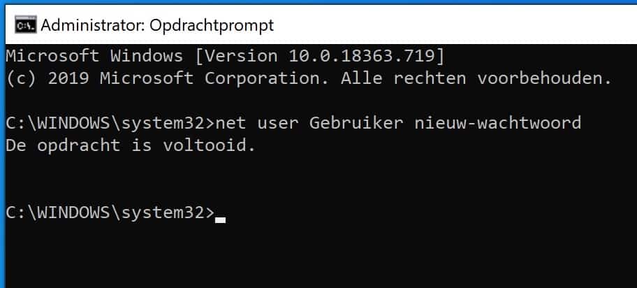 nieuw wachtwoord instellen via command prompt