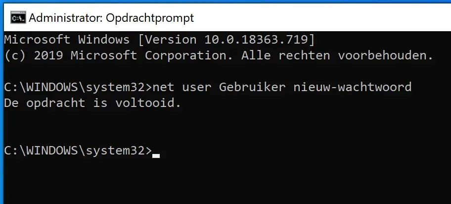 nieuw wachtwoord instellen via command prompt