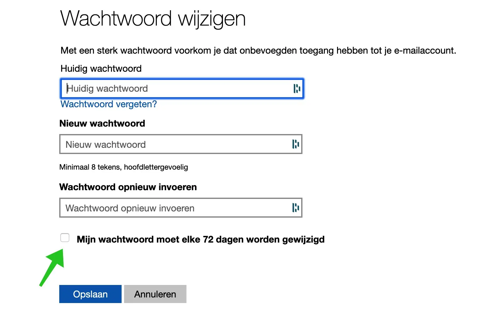 wijzig wachtwoord elke 72 dagen windows