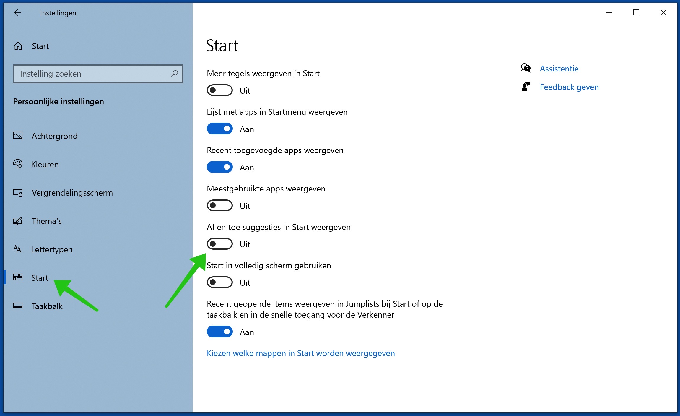 af en toe suggesties uitschakelen in windows