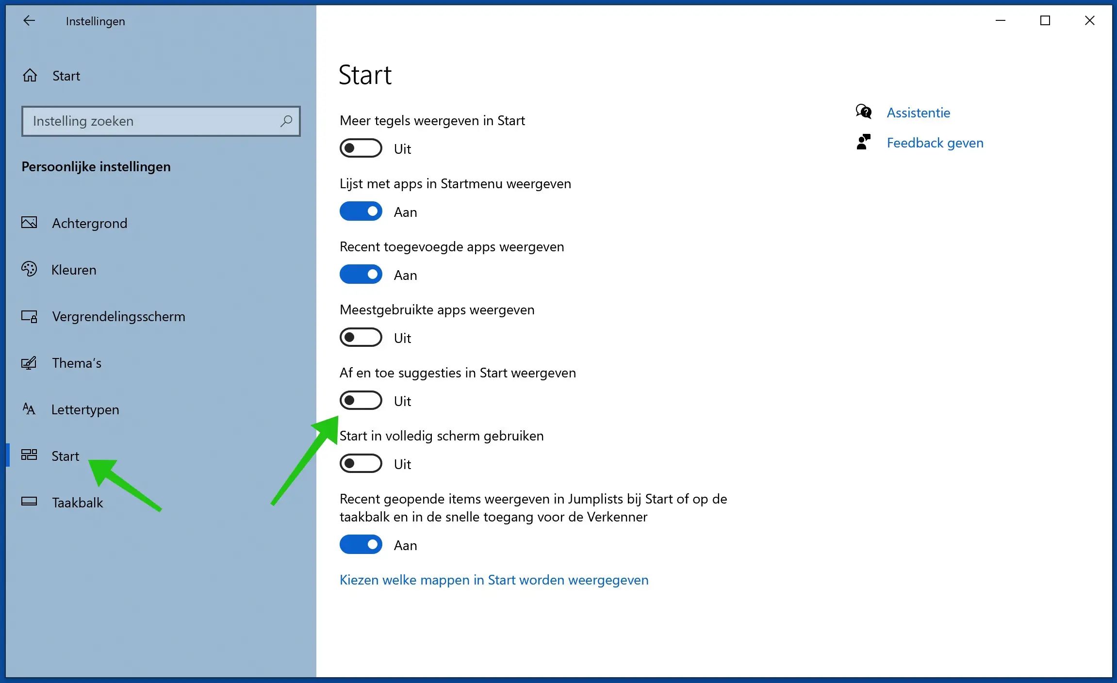af en toe suggesties uitschakelen in windows