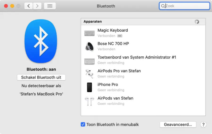 bluetooth apparaten verbonden mac