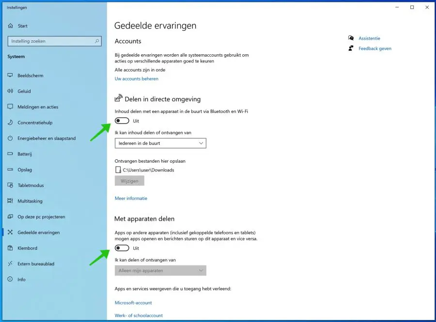 delen uitschakelen in windows 10