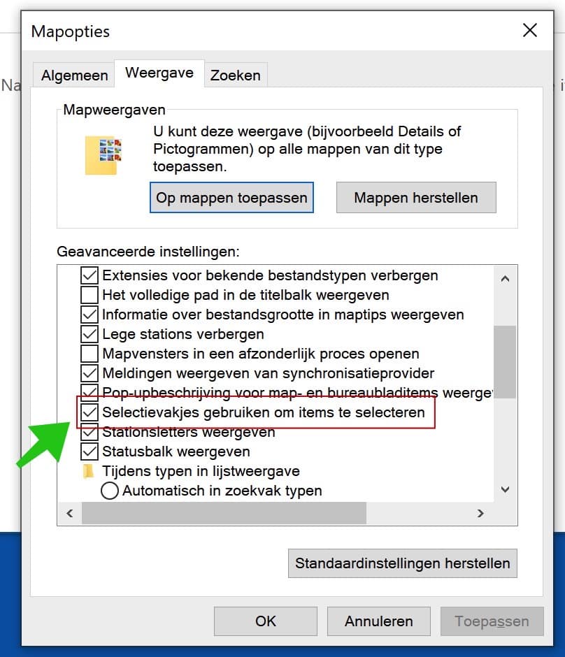 selectievakjes uitschaken windows