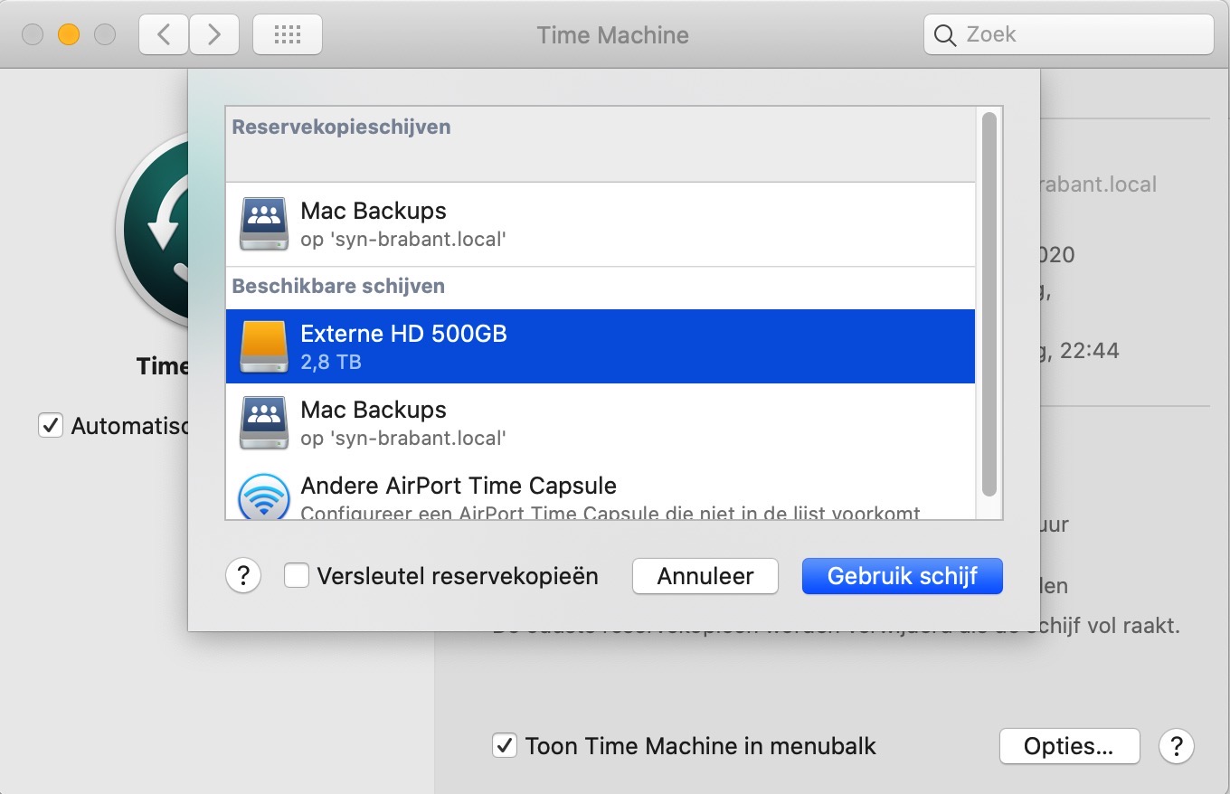 time machine backup instellen