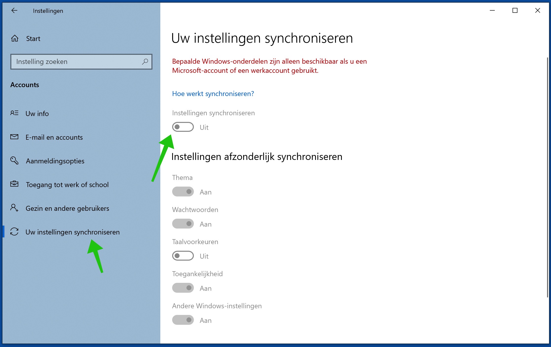 windows instellingen synchroniseren uitschakelen