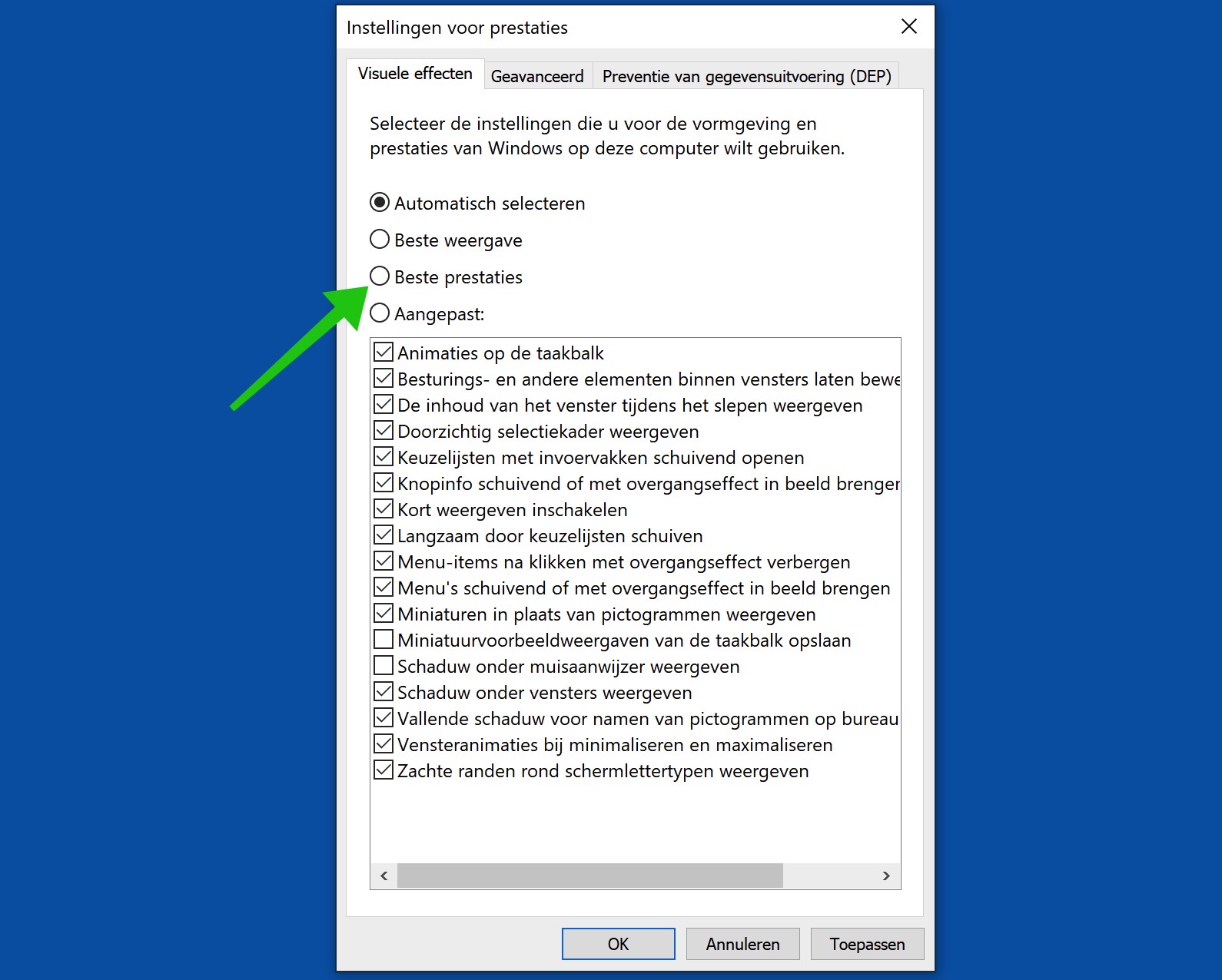 windows prestatie instellingen aanpassen