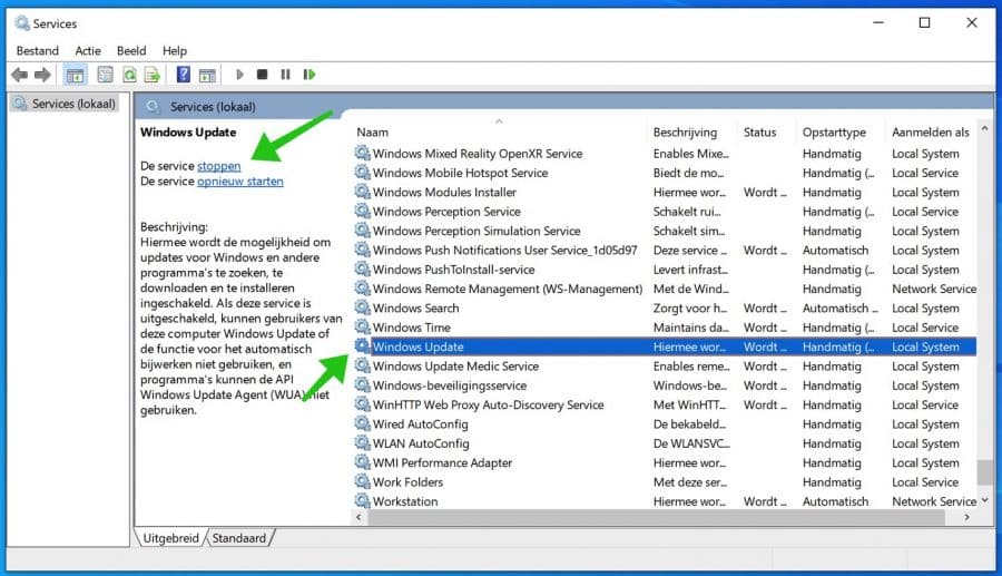 windows update service stoppen