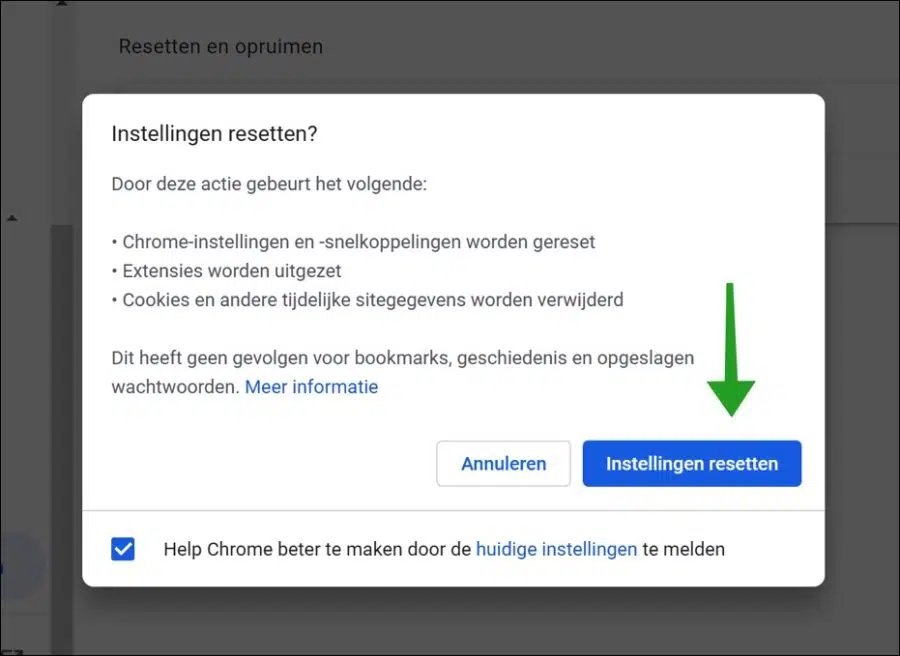 Google Chrome instellingen resetten