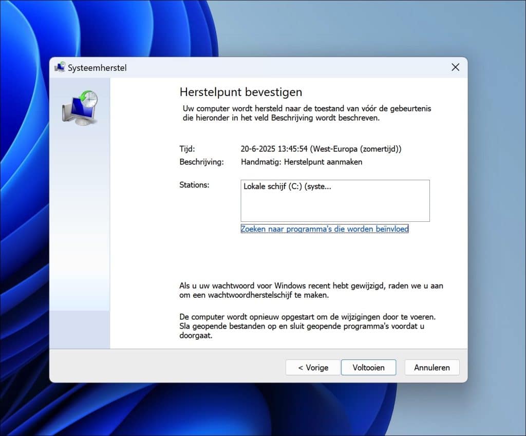 Herstelpunt definitief terugzetten
