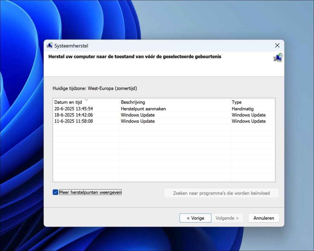 Herstelpunt terugzetten