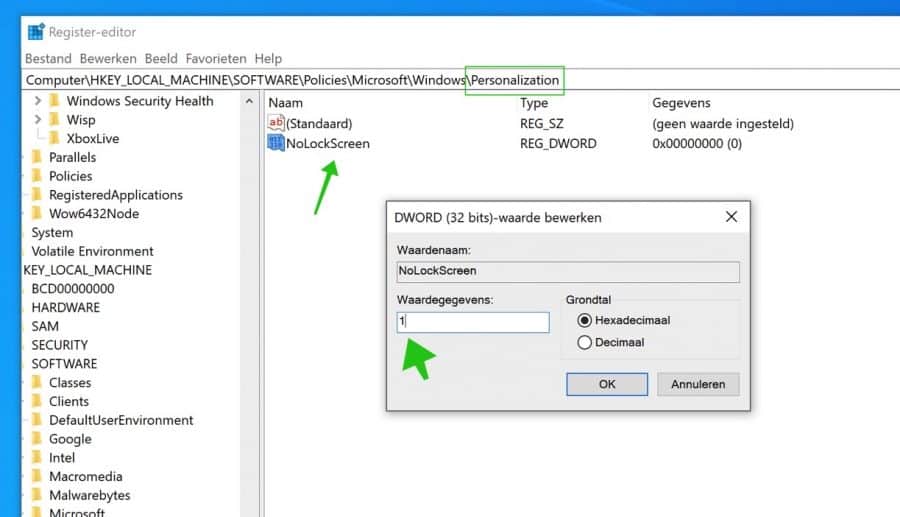 NoLockScreen waarde register