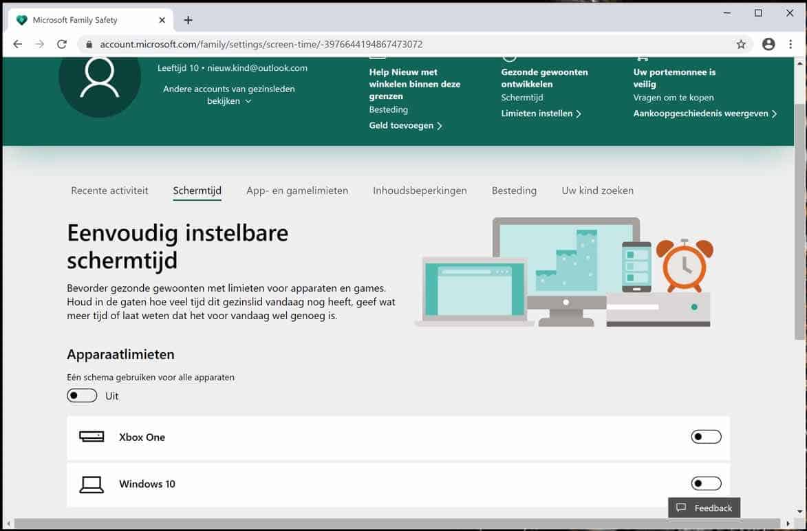 Schermtijd instellingen windows 10 kind account