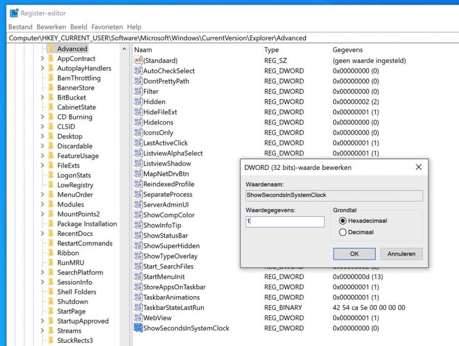 ShowSecondsInSystemClock register aanpassen