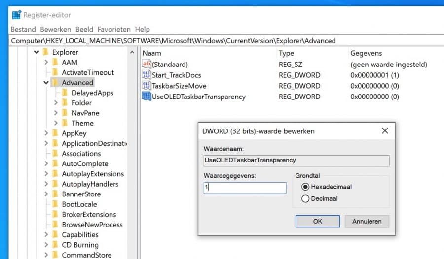 UseOLEDTaskbarTransparency waarde register