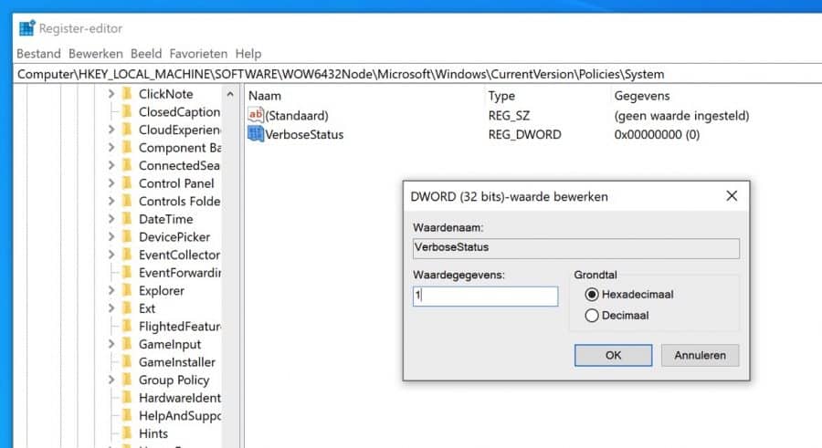 VerboseStatus aanzetten windows