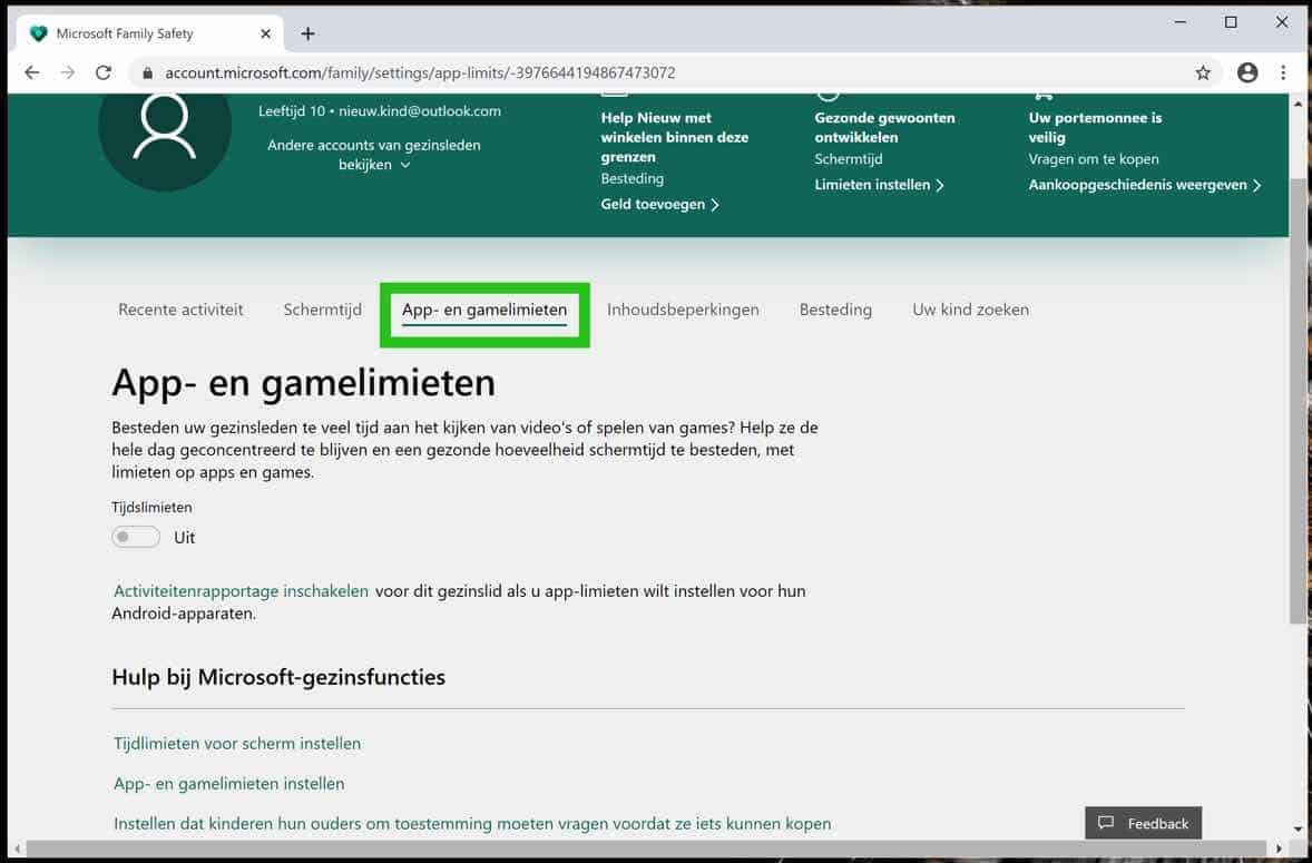 app- en gamelimieten instellingen kind account