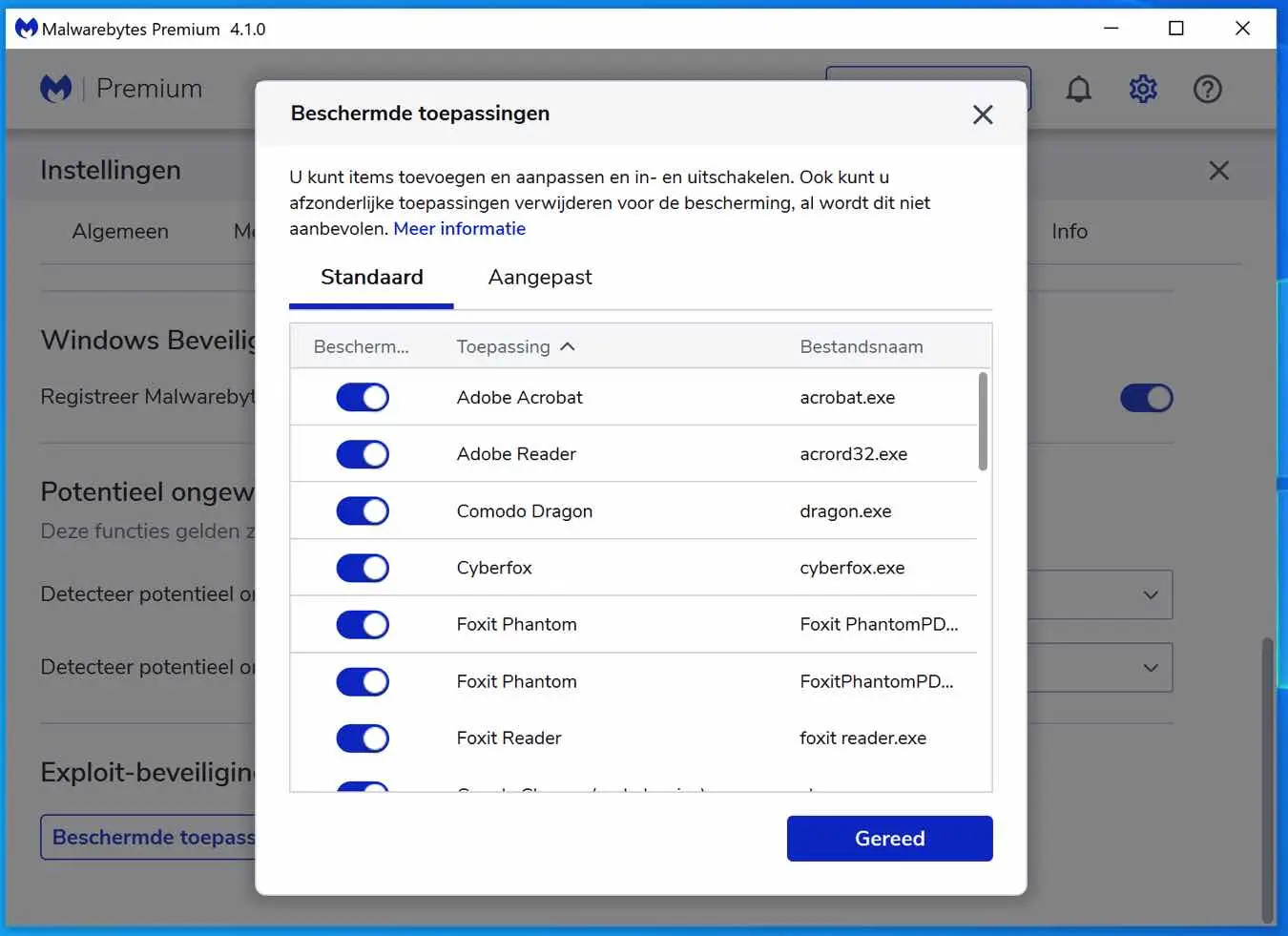 beschermde toepassingen beheren malwarebytes