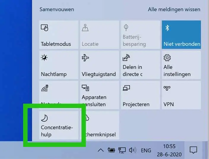 concentratiehulp action center windows 10